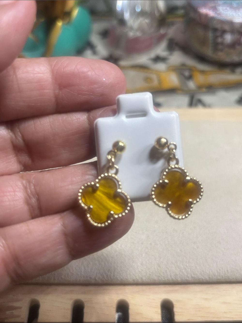 Gold-Tone Yellow Clover Drop Earrings